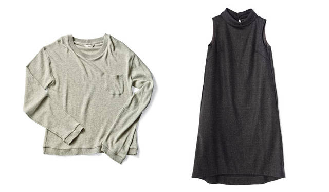 「SLOW HOUSE（スローハウス）二子玉川」　左、「Ouur ロングTシャツ」　古い編み機でゆっくりと紡ぐことで空気を含ませて作られたエアーコットン素材のロングTシャツ。ふっくらとやわらかく、肌あたりよく仕上げられている。1万5120円<br>右、「Ouur ワンピース」　女性らしさを感じさせる襟にくわえ、前後の長さに差をつけた裾がゆるやかな曲線を描くフェミニンなデザインが特徴。3万3480円