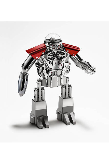 <strong>メルヒオール オンリーウォッチ2015</strong><br />素材｜真鍮（パラジウムめっき）<br />サイズ｜高さ303×幅217mm（足の位置による）×奥行き112mm<br />ムーブメント｜手巻き（スクエアソケットキーによる時間調整／巻き上げ、40日間パワーリザーブ）<br />機能｜時分秒を別個に表示するレギュレーター、55分から時刻を送りはじめる特殊なジャンピングアワー、レトログラードによる秒表示<br />価格｜未定