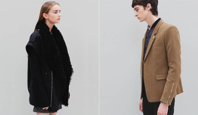 ＜写真左＞ムートンジャケット31万3200円、ドレス10万2600円、ニット6万3720円（すべてディーゼル ブラック ゴールド）</br>＜写真右＞英国的なウールヘリンボーン生地をたっぷり使った変形モッズパーカは、大型のフードがアクセントに。キャメル色の比翼仕立てのジャケットの下には、スポーティなブルゾンを合わせた。「ブルゾンをインナーダウンとして使ったレイヤードは、伝統的な英国的アイテムとストリート感のあるアイテムの融合を表現しました。厳しい寒さにも対応する、理に適ったレイヤードでもあります」（丸山氏）。</br>モッズパーカ21万9000円、ジャケット14万400円、ブルゾン8万4240円、シャツ3万4560円、パンツ4万5360円（すべてディーゼル ブラック ゴールド）