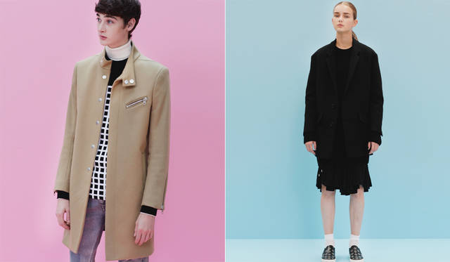 ＜写真左＞大きなスナップボタンによる比翼合わせのキャメルコートは、左胸と袖口のライダース風ジッパーとスタンドカラーが面白い。リアルな経年変化を施したジーンズは、手の込んだダメージ加工を施している。「色落ちしたデニムに白スニーカーは引き続き今季のトレンド。シンプルで、今の東京っぽいスタイルです」（丸山氏）。</br>キャメルコート13万4000円、ニット3万8880円、ジーンズ6万480円、スニーカー7万1280円、タートルネックニット、ソックス＜スタイリスト私物＞（すべてディーゼル ブラック ゴールド）</br>＜写真右＞ジャケット12万6360円、ワンピース5万8320円、スカート4万5360円、ニット3万7800円、スニーカー5万9400円、ソックス＜スタイリスト私物＞（すべてディーゼル ブラック ゴールド）