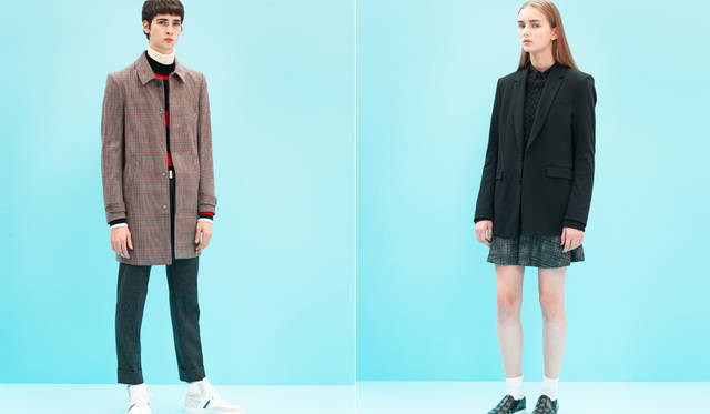 ＜写真左＞シンプルなコットンウール素材のステンカラーコートは、英国テイストを代表するハウンドトゥースが今季らしい。ナローかつミニマルなデザインを活かし、インナーはニットのレイヤードですっきりと。「ここでも白いタートルネックが、着こなしに柔らかさを加えています。ジーンズが真骨頂のブランドですが、立体的にかっちり仕立てられたコートの仕上がりにも目を見張るものがあります」（丸山氏）。</br>コート15万8760円、ニット5万2920円、パンツ5万1840円、スニーカー7万2360円、タートルネックニット＜スタイリスト私物＞（すべてディーゼル ブラック ゴールド）</br>＜写真右＞ブラックのマスキュリンなテーラードジャケットに、メランジ調のニットをレイヤード。コーディネートのベースとなるドレスはツイーディーなチェックパターンとシャツ生地を組み合わせた異素材ミックスで、裾からわずかにクラシカルな柄をのぞかせることで今季らしい雰囲気に。</br>ジャケット10万440円、ドレス10万2600円、ニット6万3720円、スニーカー5万9400円、ソックス＜スタイリスト私物＞（すべてディーゼル ブラック ゴールド）