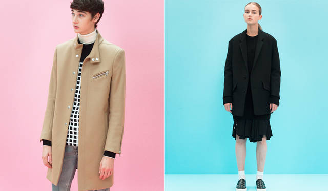 ＜写真左＞大きなスナップボタンによる比翼合わせのキャメルコートは、左胸と袖口のライダース風ジッパーとスタンドカラーが面白い。リアルな経年変化を施したジーンズは、手の込んだダメージ加工を施している。「色落ちしたデニムに白スニーカーは引き続き今季のトレンド。シンプルで、今の東京っぽいスタイルです」（丸山氏）。</br>キャメルコート14万4720円、ニット3万8880円、ジーンズ6万480円、スニーカー7万1280円、タートルネックニット、ソックス＜スタイリスト私物＞（すべてディーゼル ブラック ゴールド）</br>＜写真右＞ざっくりとしたヴァージンウールのジャケットはビッグシルエットのデザインに。インナーはミリタリーのムードを感じるベルトのディテールが随所にデザインされた、プリーツドレス。</br>ジャケット12万6360円、ドレス15万9840円、ニット参考商品、スニーカー5万9400円、ソックス＜スタイリスト私物＞（すべてディーゼル ブラック ゴールド）