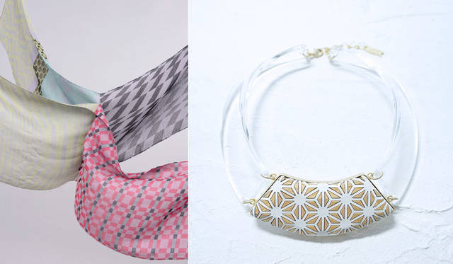 「rooms Ji-Ba（ルームス ジーバ）」　左／POLS（兵庫）による播州織で織られた色鮮やかなストール「レイヤーストール」2万5704円、右／somnium（東京）による日本の文様や建築モチーフのアクセサリー「ネックレス」3万4560円