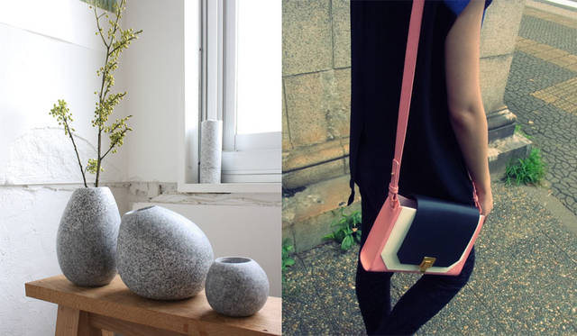 <strong>rooms｜ルームス</strong><br />「rooms Ji-Ba（ルームス ジーバ）」　左／AJI PROJECT（香川）による暮らしに寄り添う庵治石のプロダクト「フラワーベース」1万800円～3万7800円、右／calede checli（東京）日本の職人によるデザイン性の高いバッグ「ポシェット」4万7520円