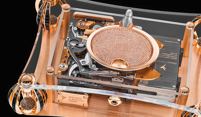 <strong>アルシュ ノワール</strong><br />ケース｜18Kローズゴールドの台座＋ダイヤモンド付き18Kローズゴールドの支柱<br />ムーブメント｜手巻き（Cal.FR2903）<br />機能｜演奏ボタンの操作により作動するソヌリ：2つのバードソング（ミソサザイ、アメリカムシクイのさえずり）またはオルゴール演奏（モーツァルトの交響曲第40番からの抜粋）<br />予価｜1億8000万円<br />