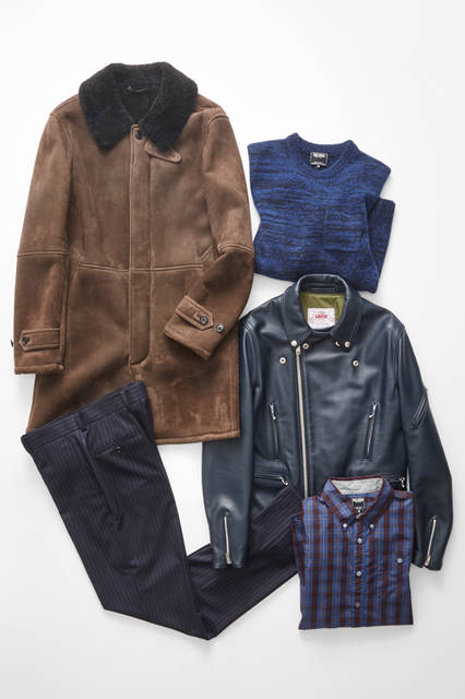 TODD SNYDER|トッド スナイダー <strong>冬のレザーアウターを男らしく、そしてエレガントに着こなすために</strong><br><br> ライダーズジャケット13万5000円(トッド スナイダー × ジェームス グロース)、ムートンコート50万円、ニット9万5000円、シャツ2万2000円 、パンツ3万3000円(すべてトッド スナイダー)