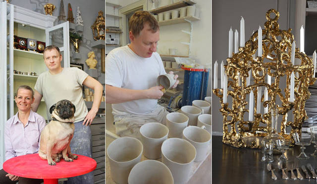 ドイツ・ベルリン発の陶器ブランド「Kühn Keramik（クーン・ケラミック）」のデザイナー、ベルンハルト・クーン氏と愛犬、新作の燭台