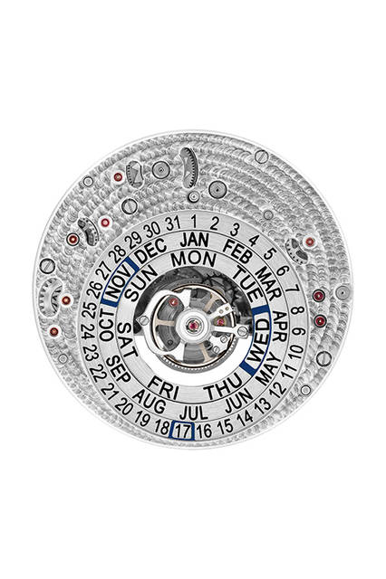 <strong>ロトンド ドゥ カルティエ アストロカレンダー トゥールビヨン</strong><br />ケース｜プラチナ<br />直径｜45mm<br />ムーブメント｜自動巻き（Cal.9459 MC）<br />パワーリザーブ｜約50時間<br />防水｜3気圧防水<br />機能｜トゥールビヨン、円型ディスプレイ式永久カレンダー<br />限定数｜5セット（セット販売のみ）<br /><br />© Cartier