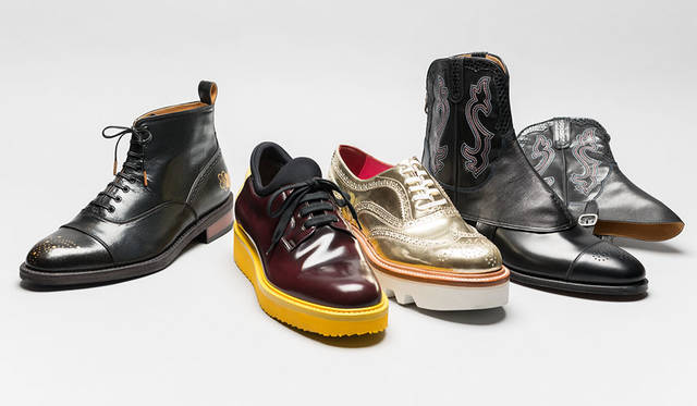 <strong>ISETAN MEN’S｜イセタンメンズ</strong><br />伊勢丹新宿店メンズ館地下1階＝紳士靴売場「JAPAN靴博2015」　左から、「JOLI」モデル「JOLI-080 extra quality」（サイズ25、26、27cm）、「bibliotek」モデル「CT001」（サイズ39～43）、「HIROSHI TSUBOUCHI」モデル「HTO-3215」（サイズ6～8.5）、「康製甲所」モデル「ウエスタンスパッツ」（価格はすべて未定）