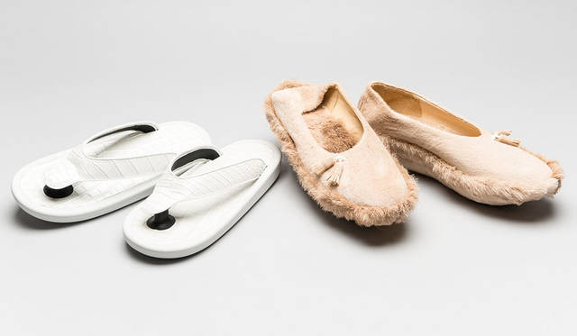 <strong>ISETAN MEN’S｜イセタンメンズ</strong><br />伊勢丹新宿店メンズ館地下1階＝紳士靴売場「JAPAN靴博2015」　左／「JOJO」ワニ革ビーチサンダル（サイズL）、右／「entoan+YAKURA」モデル「ファーストスリッポン01」（サイズ24.5～25.5ワンサイズ）（価格はともに未定）