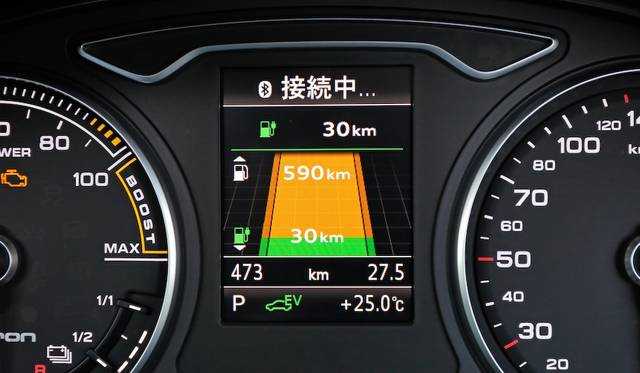 メーター間にそなわるディスプレイでは、e-tron専用のメニューも表示される。写真は航続可能距離の概算で、グリーンがEVのみでの距離、オレンジがハイブリッド走行の距離をしめす