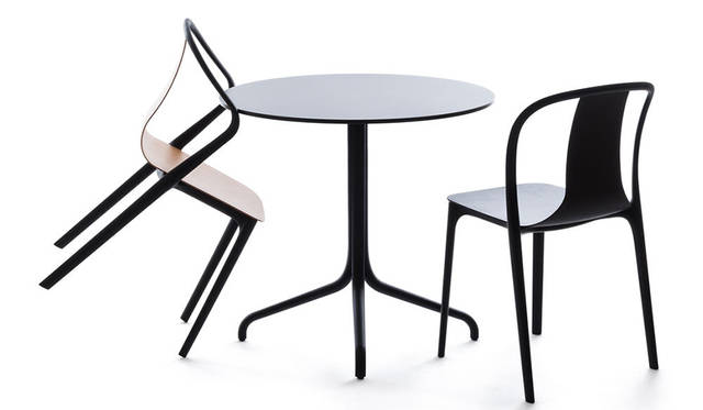 Vitraの新作家具「ベルヴィルチェア」と「ベルヴィルテーブル」。洗練された技術によって生まれたプラスチックチェアで、フレームとシートシェルのふたつのコンポーネントから成る「ベルヴィルチェア」。「ベルヴィルテーブル」は、天板をラミネート、ウッドから選ぶことができ、エレガントなアーチ型のスレンダーな脚は、アルミダイキャスト製で、デザインはクラシックなビストロのテーブルをモチーフにしているという