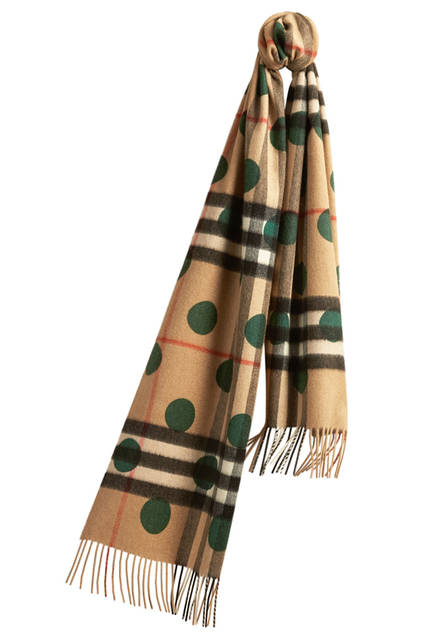 Burberry|バーバリー Check Cashmere Scarf with Polka Dot Print - Dark Forest Green