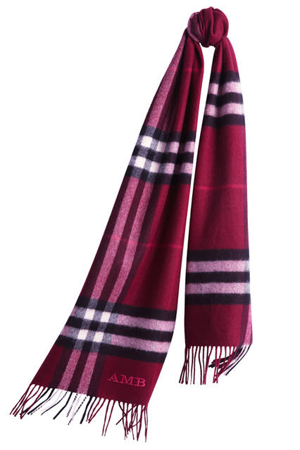 Burberry|バーバリー The-Classic-Cashmere-Scarf-in-Check-Plum-Monogrammed
