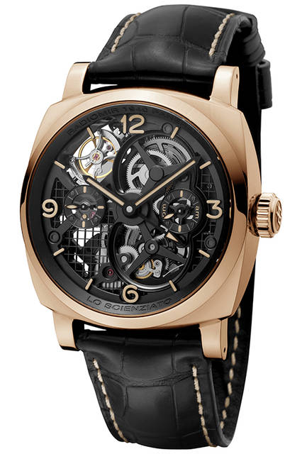 PANERAI PAM00559 LO SCIENZIATO RADIOMIR 1940 TOURBILLON GMT ORO ROSSO 48mm|ロ シェンツィアート ラジオミール 1940 トゥールビヨン GMT オロロッソ 48mm <strong>ロ シェンツィアート ラジオミール 1940トゥールビヨン GMT オロロッソ 48mm</strong><br />ケース|18Kレッドゴールド<br />直径|48mm<br />ムーブメント|手巻き(Cal.P2005/5)<br />振動数|2万8800振動/時<br />パワーリザーブ|約144時間<br />防水|5気圧<br />発売時期|2015年冬予定<br />価格|1954万8000円<br />