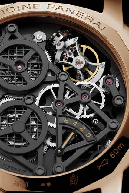 PANERAI PAM00559 LO SCIENZIATO RADIOMIR 1940 TOURBILLON GMT ORO ROSSO 48mm|ロ シェンツィアート ラジオミール 1940 トゥールビヨン GMT オロロッソ 48mm <strong>ロ シェンツィアート-ラジオミール 1940トゥールビヨン GMT オロロッソ-48mm</strong><br />ケース|18Kレッドゴールド<br />直径|48mm<br />ムーブメント|手巻き(Cal.P.2005/S)<br />振動数|2万8800振動/時<br />パワーリザーブ|約144時間<br />防水|5気圧<br />発売時期|2015年冬予定