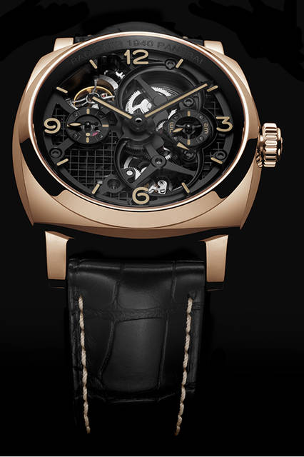 PANERAI PAM00559 LO SCIENZIATO RADIOMIR 1940 TOURBILLON GMT ORO ROSSO 48mm|ロ シェンツィアート ラジオミール 1940 トゥールビヨン GMT オロロッソ 48mm <strong>ロ シェンツィアート-ラジオミール 1940トゥールビヨン GMT オロロッソ-48mm</strong><br />ケース|18Kレッドゴールド<br />直径|48mm<br />ムーブメント|手巻き(Cal.P.2005/S)<br />振動数|2万8800振動/時<br />パワーリザーブ|約144時間<br />防水|5気圧<br />発売時期|2015年冬予定