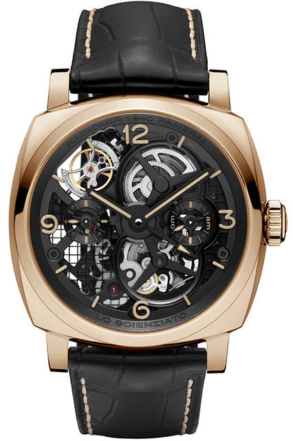 PANERAI PAM00559 LO SCIENZIATO RADIOMIR 1940 TOURBILLON GMT ORO ROSSO 48mm|ロ シェンツィアート ラジオミール 1940 トゥールビヨン GMT オロロッソ 48mm <strong>ロ シェンツィアート-ラジオミール 1940トゥールビヨン GMT オロロッソ-48mm</strong><br />ケース|18Kレッドゴールド<br />直径|48mm<br />ムーブメント|手巻き(Cal.P.2005/S)<br />振動数|2万8800振動/時<br />パワーリザーブ|約144時間<br />防水|5気圧<br />発売時期|2015年冬予定