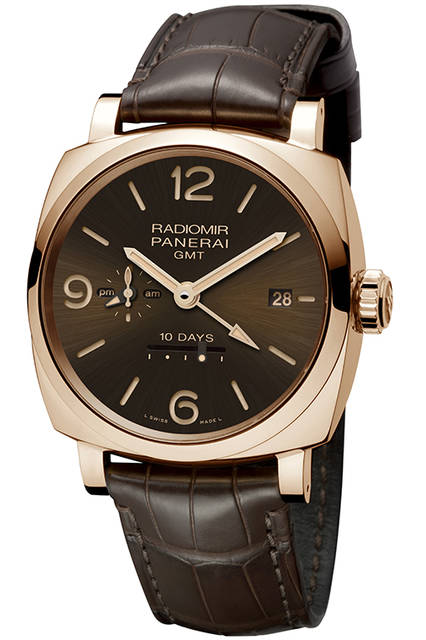 PANERAI PAM00624 RADIOMIR 1940 10 DAYS GMT AUTOMATIC ORO ROSSO 45mm|パネライ ラジオミール 1940 10デイズ GMT オートマティック オロロッソ 45mm <strong>ラジオミール 1940テンデイズ GMT オートマティック オロロッソ-45mm</strong><br />ケース|レッドゴールド<br />直径|45mm<br />ムーブメント|自動巻き(Cal.P.2003/10)<br />振動数|2万8800振動/時<br />パワーリザーブ|約240時間(約10日間)<br />防水|5気圧<br />機能|ロングパワーリザーブ、昼夜表示付きGMT機構、秒針ゼロリセット機構<br />発売時期|2015年冬予定