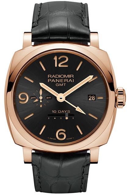 PANERAI PAM00624 RADIOMIR 1940 10 DAYS GMT AUTOMATIC ORO ROSSO 45mm|パネライ ラジオミール 1940 10デイズ GMT オートマティック オロロッソ 45mm <strong>ラジオミール 1940テンデイズ GMT オートマティック オロロッソ-45mm</strong><br />ケース|レッドゴールド<br />直径|45mm<br />ムーブメント|自動巻き(Cal.P.2003/10)<br />振動数|2万8800振動/時<br />パワーリザーブ|約240時間(約10日間)<br />防水|5気圧<br />機能|ロングパワーリザーブ、昼夜表示付きGMT機構、秒針ゼロリセット機構<br />発売時期|2015年冬予定