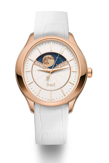 <strong>ライムライト ステラ</strong><br />ケース｜ピンクゴールド、シースルーバック<br />直径｜36mm<br />ムーブメント｜自動巻き（Cal.584P）<br />振動数｜2万1600振動／時<br />パワーリザーブ｜約42時間<br />機能｜ムーンフェイズ（12時位置）<br />ブレスレット｜ブラウンアリゲーター<br />発売時期｜2016年3月<br />参考価格｜267万5000円（ストラップは別売）