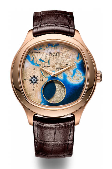 <strong>ピアジェ ミシカルジャーニー</strong><br />ケース｜ピンクゴールド<br />直径｜46.5mm<br />ムーブメント｜自動巻き（Cal.860P）<br />振動数｜2万1600振動／時<br />パワーリザーブ｜約72時間<br />機能｜ムーンフェイズ（6時位置）<br />限定数｜世界限定8本<br />発売時期｜未定<br />参考価格｜1820万円（税別）