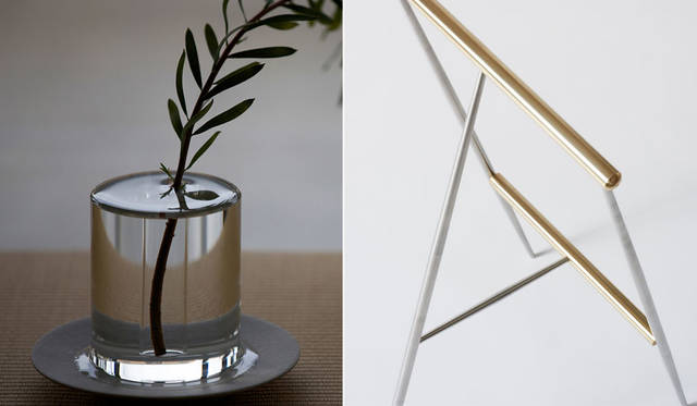 左／CRITIBAからは、2015年ドイツred dot awardを受賞したクリスタルの一輪挿し「SHALLOWS」の展示をはじめ、アルミ鋳物、鋳鉄、木などさまざまな製法・素材をもちいたプロダクトを展示。右／TGDからは、2015年のミラノサローネで発表したスツール「AXIS OF ROATATION」の国内初展示、また、国内ブランドcommocから発表した新作テーブル「PROP」、その他近作を展示