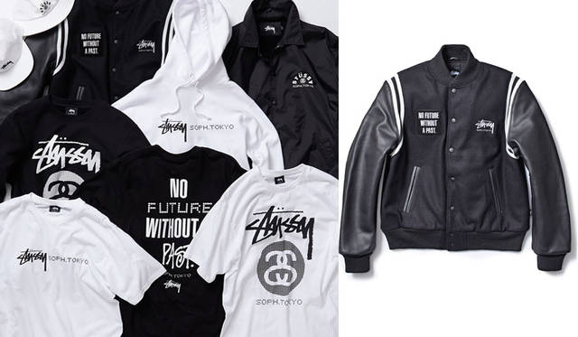 <strong>ESTNATION｜エストネーション</strong><br />SOPH. POP-UP STORE at ESTNATION Roppongi Hills　SOPH.TOKYO16周年のために制作されたメッセージ性の強いグラフィックを採用してシンボリックに制作。ブランド設立35周年を迎えたSTÜSSYとのコラボレーションシリーズ。右／「STÜSSY×SOPHNET. Varsity Jacket」（BODY：WOOL MELTON、SLEEVE：COW LEATHER・S～XL）7万3440円