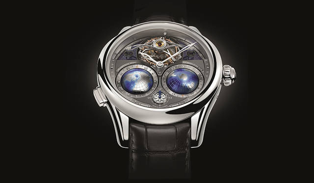 <strong>ヴィルレ トゥールビヨン シリンドリック ナイトスカイ ジオスフェール</strong><br />ケース｜ホワイトゴールド<br />直径｜47mm<br />厚さ｜15.38mm<br />ムーブメント｜手巻き（Cal.MB 68.40）<br />振動数｜1万8000振動／時<br />パワーリザーブ｜約48時間<br />防水｜3気圧<br />機能｜トゥールビヨン、トリプルタイムゾーン<br />限定数｜18個<br />発売時期|2016年<br />価格｜27万5000ユーロ（日本円価格未定）