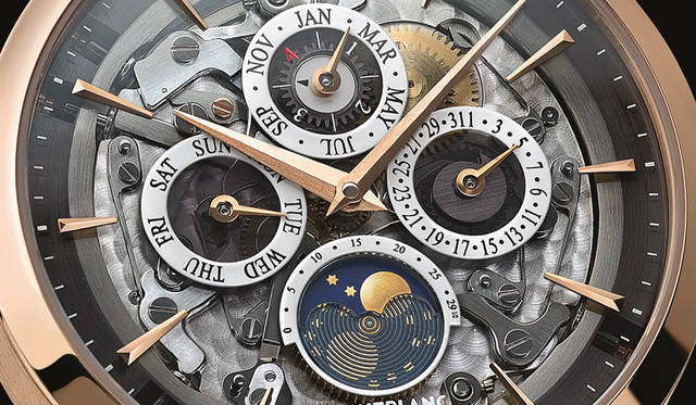 <strong>ヘリテイジ スピリット パーペチュアルカレンダー サファイア</strong><br />ケース｜レッドゴールド<br />直径｜39mm<br />厚さ｜10.24mm<br />ムーブメント｜自動巻き（Cal.MB 29.15）<br />振動数｜2万8800振動／時<br />パワーリザーブ｜約48時間<br />防水｜3気圧<br />機能｜パーペチュアルカレンダー＆ムーンフェイズ表示<br />発売時期|2015年秋<br />価格｜269万2000円（税別）