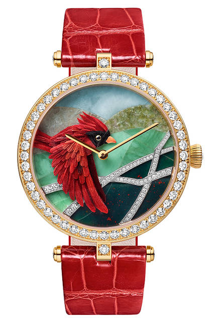 <strong>オワゾー アンシャンテ エクストラオーディナリー ダイヤルレディ アーペル カーディナル カルミン</strong><br />ケース｜イエローゴールド<br />直径｜38mm<br />ムーブメント｜手巻き<br />振動数｜2万1600振動／時<br />防水｜日常生活防水<br />ストラップ｜アリゲーター<br />発売予定｜2016年春<br />限定数｜22本<br />価格｜1210万円（税抜）<br />