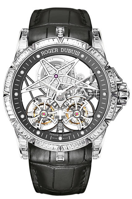 <strong>エクスカリバー スター オブ インフィニティ</strong><br />ケース｜ホワイトゴールド<br />直径｜45mm<br />厚さ｜15.5mm<br />ムーブメント｜手巻き（RD01SQ）<br />振動数｜2万1600振動／時☓2<br />パワーリザーブ｜約50時間<br />防水｜3気圧<br />機能｜ダブルフライングトゥールビヨン<br />限定数｜8個<br />発売時期｜未定<br />価格｜7480万円（税別）