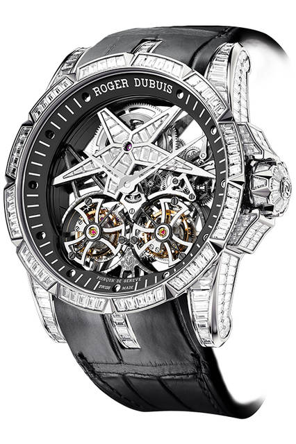 <strong>エクスカリバー スター オブ インフィニティ</strong><br />ケース｜ホワイトゴールド<br />直径｜45mm<br />厚さ｜15.5mm<br />ムーブメント｜手巻き（RD01SQ）<br />振動数｜2万1600振動／時☓2<br />パワーリザーブ｜約50時間<br />防水｜3気圧<br />機能｜ダブルフライングトゥールビヨン<br />限定数｜8個<br />発売時期｜未定<br />価格｜7480万円（税別）