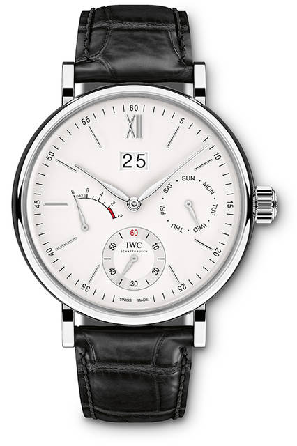 <strong>ポートフィノ・ハンドワインド・デイ＆デイト</strong><br />ケース｜ステンレススチール<br />直径｜45mm<br />厚さ｜13mm<br />ムーブメント｜手巻き（Cal.59220）<br />振動数｜2万8800振動／時<br />パワーリザーブ｜約192時間（約8日間）<br />防水｜3気圧ストラップ｜サントーニ製アリゲーター<br />機能｜ビッグデイト表示、曜日表示、パワーリザーブ表示、スモールセコンド<br />発売中<br />価格｜153万5000円（税別）