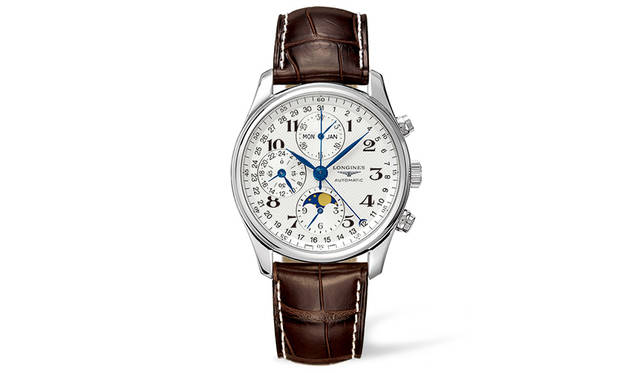 <strong>ロンジン マスターコレクション ムーンフェイズ</strong><br />ケース｜ステンレススチール<br />直径｜40mm<br />ムーブメント｜自動巻き（Cal.L678）<br />機能｜クロノグラフ（30分積算計、12時間積算計）、月・曜日・日付表示（トリプルカレンダー）、月齢表示、24時間表示<br />ストラップ｜アリゲーター防水｜3気圧<br />価格｜41万1480円<br />