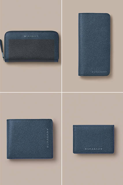 ウォレットやカードケースといった革小物も、これからギフトにするなら今季のトレンドであるネイビーがおすすめ。シンプルでモダンなデザインは永く愛用できる万能タイプのデザインといえる。<br><br>左上:ロングウォレット(ラウンドジップ) [W20.5×H11.5cm]7万7760円、右上:ロングウォレット[W20.5×H9.5cm]5万8320円、左下:ウォレット[W10×H9.5×D1cm]5万760円、右下:カードケース[W10.5×H7.5×D1.5cm]3万6720円／バーバリー ＜阪急メンズ大阪2階・阪急メンズ東京2階＞