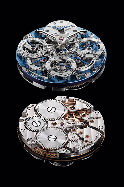 “メカニカル・プロセッサー”搭載のパーペチュアルカレンダー機構を搭載した、世界初のウォッチ。文字盤の中央で、やはり画期的な2階建て式、テンプを風防側に露出させた脱進調速機構が時を刻む<br /><br /><strong>レガシー・マシン パーペチュアル</strong><br />ケース｜レッドゴールド、またはプラチナ、シースルーバック<br />直径｜44mm<br />厚さ｜17.5mm<br />ムーブメント｜手巻き、ダブルバレル<br />パワーリザーブ｜約72時間<br />振動数｜1万8000振動／時<br />機能｜時、分、曜日、日付、レトログラード式うるう年、パワーリザーブ表示<br />ストラップ｜アリゲーター<br />防水｜30m防水<br />価格｜13万8000スイスフラン（レッドゴールド）、16万8000スイスフラン（プラチナ）