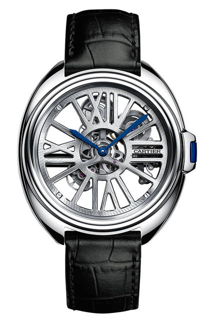 <strong>クレ ドゥ カルティエ スケルトン オートマティック</strong><br /> ケース｜パラジウム950<br /> 直径｜41mm<br /> 厚さ｜11.5mm<br /> ムーブメント｜自動巻き（Cal.9621MC）<br /> ストラップ｜アリゲーター<br /> 防水｜日常生活防水<br /> 価格｜■■万■■円（税込み）<br /><br />  Laziz Hamani© Cartier 2015