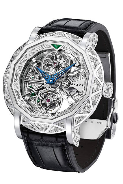 <strong>ザ・マスターグラフトゥールビヨンダイヤモンドスケルトン</strong><br /> ケース｜ホワイトゴールド×ダイヤモンド<br /> 直径｜48mm<br />ストラップ｜ブラッククロコダイル<br /> 価格｜1億8150万円<br />