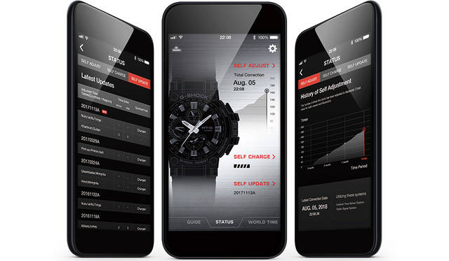 <strong>直感的操作ができるiPhone、Android対応G-SHOCK専用アプリ</strong><br /> スマートフォンの専用アプリ「G-SHOCK Connected※」によって、時計本体に触れることなく、機能の操作ができる。アプリを起動させていれば、時刻修正は自動的に１日４回実施。またワールドタイム都市設定（300都市以上）や、ホームタイムとローカルタイムの表示の入れ替え、時刻アラーム・タイマー設定といった各種機能も、アプリ上で操作できる。アプリは直感的に操作できるようビジュアル主体で設計され、操作上の煩わしさは一切ない。