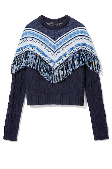 ノルディック柄とフリンジを施したケーブルニット。シンプルなデニムパンツに合わせれば、カジュアルでありながら都会的なスタイルが完成する。ニット6万3000円（ディーゼル ブラック ゴールド）