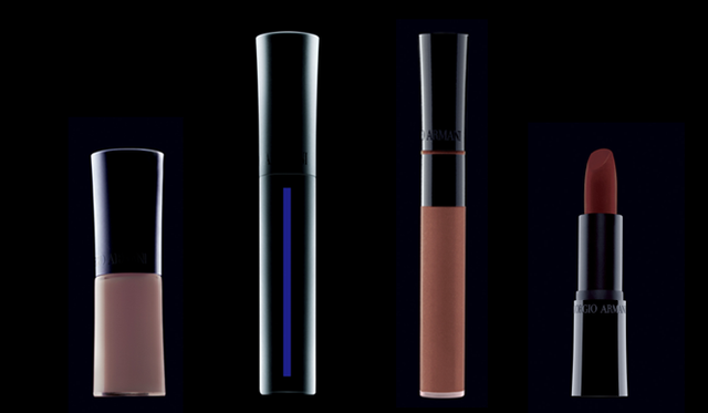 GIORGIO ARMANI cosmetics（ジョルジオ アルマーニ コスメティックス）「マンタ レイ コレクション」<br>左から、フルイド シャイン ネイル ポリッシュ #42 グレージュ（限定色） 価格｜3150円、リキッド シルク アイライナー #1 ミッドナイト メタリック ブルー（限定色） 価格｜3990円、リップ シマー #59 フローズン ベージュ（限定色） 価格｜3675円、アルマーニシルク #92 ブラック プラム（限定色） 価格｜3885円