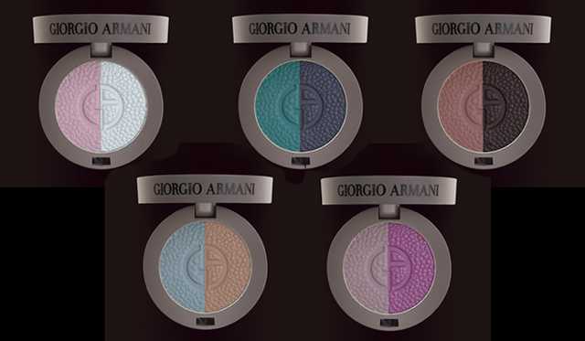 GIORGIO ARMANI cosmetics（ジョルジオ アルマーニ コスメティックス）「マンタ レイ コレクション」<br>マンタ レイ アイシャドウ デュオ（限定品）全5種 価格｜各4410円<br>左上から時計回りに、#5 パール、#2 オーシャン、#1 ナチュラル マンタレイ、#3 アーバン マンタレイ、#4 ストーン