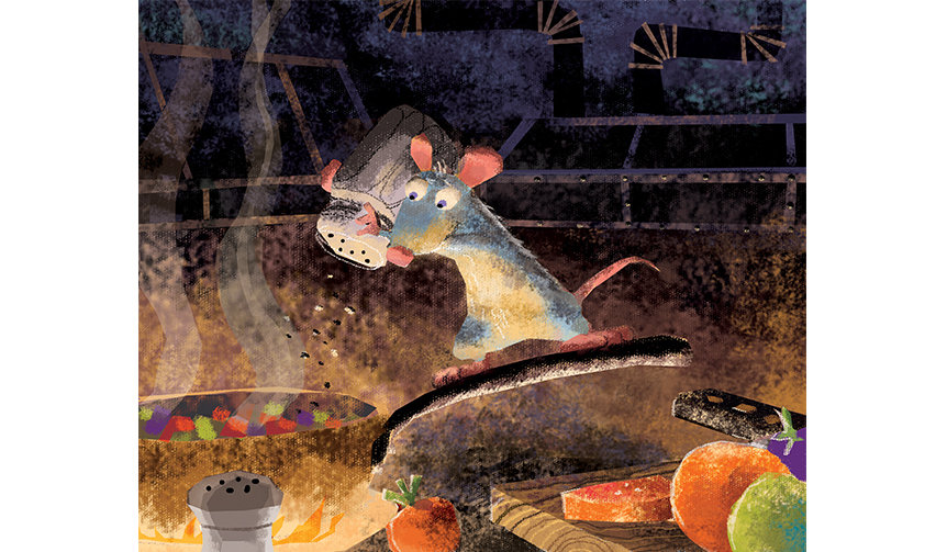 ハーレイ・ジェサップ（レイアウト：エンリコ・カサローザ）｜≪カラースクリプトの習作：ラタトゥイユを作るレミー≫｜　『レミーのおいしいレストラン』（2007年）｜デジタルペインティング｜©Disney/Pixar